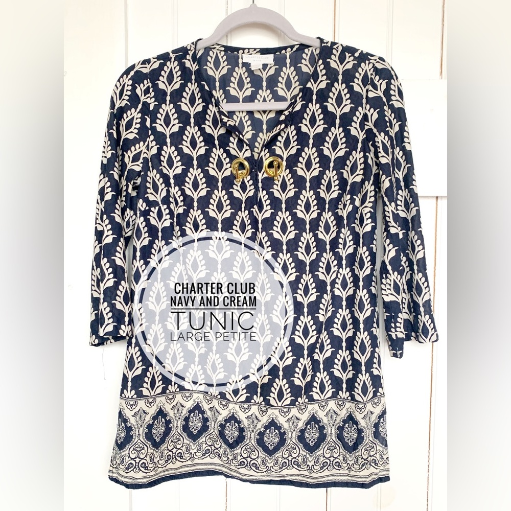 Charter Club Tunic Navy and Cream size petite large
